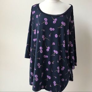 Lands End Blue Purple Floral Mesh Neck Top